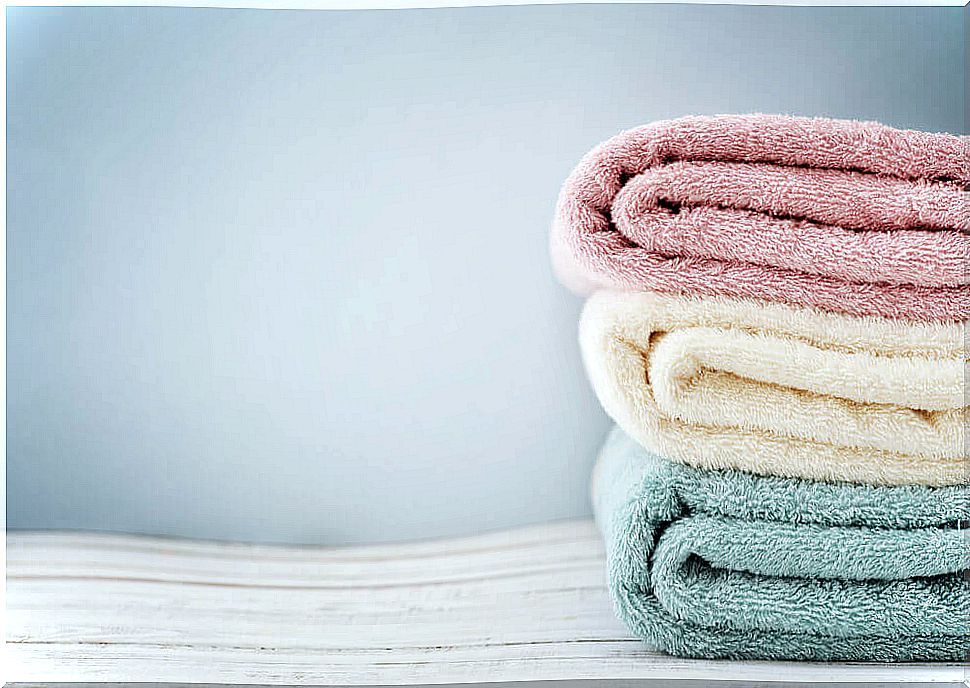 Tower of colored towels.