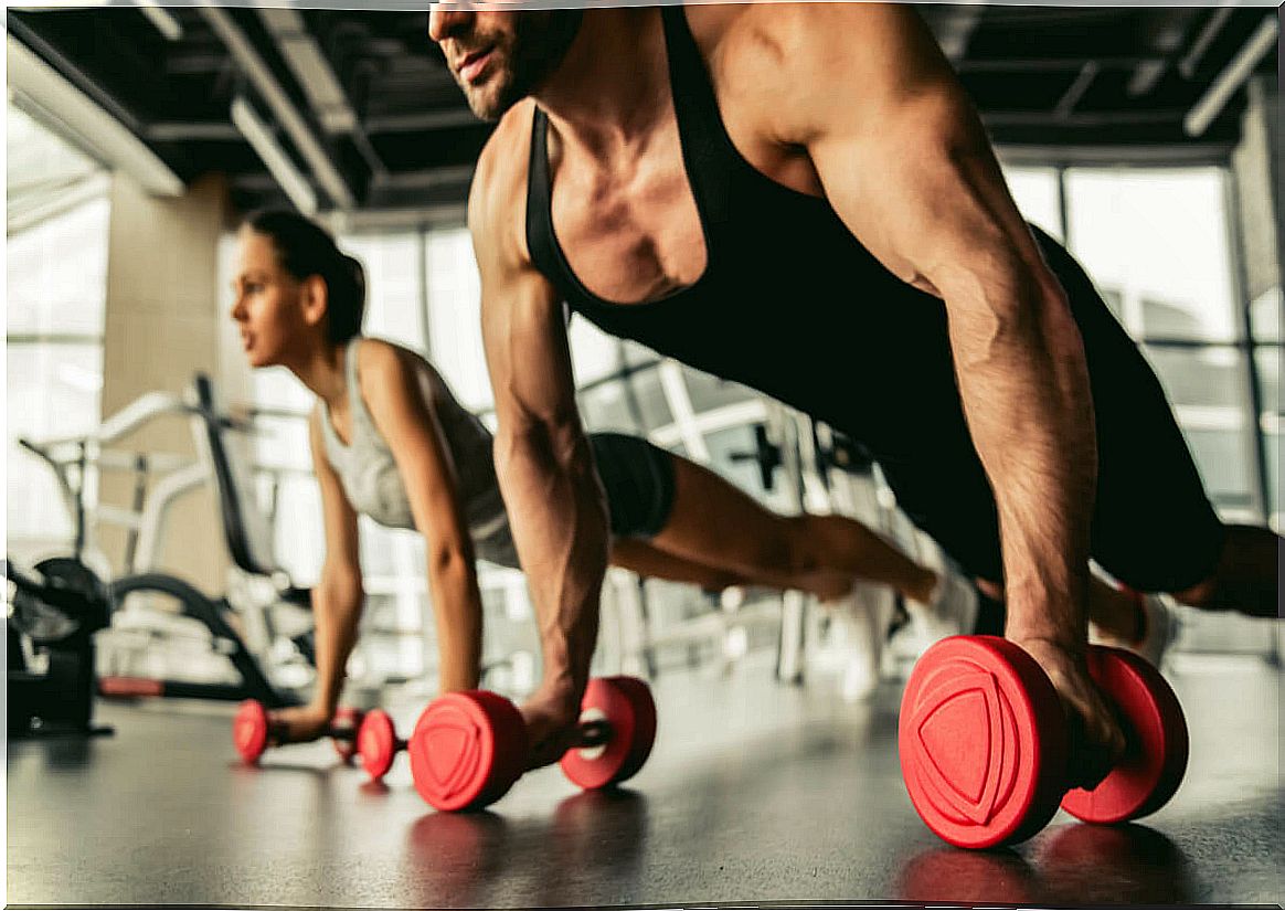 Dumbbell tricep curl exercise.